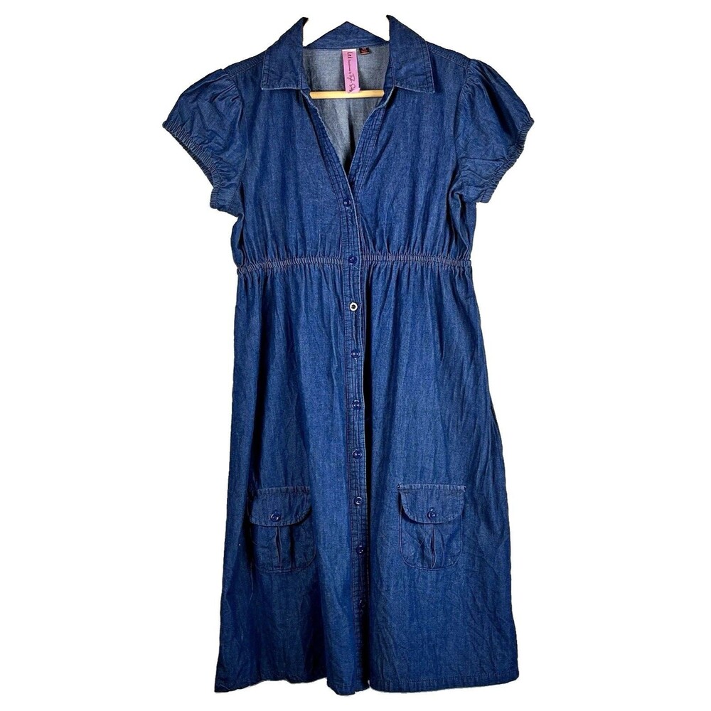 Trixxi Juniors Blue Denim Shirt Dress Collared Button Front Pockets Size M